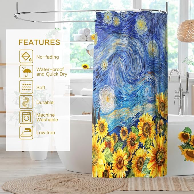 Shower Curtain Starry Night Sunflowers Van Gogh Inspired Art Decor 72x72 | Shower Curtain for Bathroom Waterproof Washable Bath Curtains with Hooks Home Office Farmhouse Bathroom