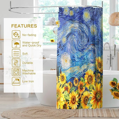 Shower Curtain Starry Night Sunflowers Van Gogh Inspired Art Decor 72x72 | Shower Curtain for Bathroom Waterproof Washable Bath Curtains with Hooks Home Office Farmhouse Bathroom