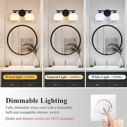 Milk Glass Bathroom Vanity Light Over Mirror, 2 Light Matte Black Bathroom Light Fixtures with Frosted Globe Glass Shade, Modern Vanity Lighting Wall Mounted