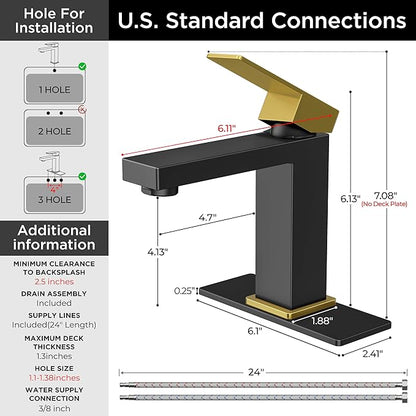FORIOUS Single Handle Bathroom Faucets Black and Gold, 1or 3 Hole Bathroom Sink Faucet with Pop-up Drain