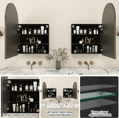 Bathroom Mirror with Storage,Arched Medicine Cabinet with Mirror,Medicine Cabinet Wall Mount,Black Bathroom Vanity Mirror with Storage,Adjustable Shelves,20x30 Inch