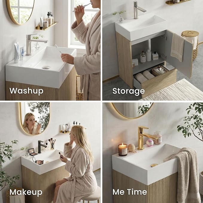 20 inch Bathroom Vanity with White Ceramic Sink, Bath Storage Cabinet with Soft-Closing Door and Drawer, Perfect for Small Space, Powder Room, Hotel, Light Oak