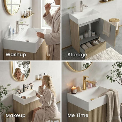20 inch Bathroom Vanity with White Ceramic Sink, Bath Storage Cabinet with Soft-Closing Door and Drawer, Perfect for Small Space, Powder Room, Hotel, Light Oak