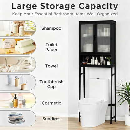 BAMBANG Over The Toilet Storage Cabinet, Bamboo Bathroom Over Toilet Storage Organizer with Adjustable Shelves and Double Doors, Above Toilet Storage Cabinet, Black