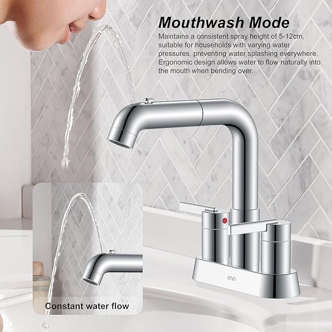 KENES Chrome Centerset Bathroom Faucet with Pull Out Sprayer, 4 Inch 2 Handle Pull Down Bathroom Faucet 3 Hole, Bathroom Sink Faucet with Pop Up Drain & Supply Lines LJ-9059A-5