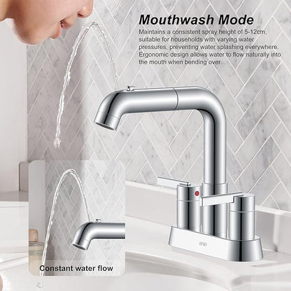 KENES Chrome Centerset Bathroom Faucet with Pull Out Sprayer, 4 Inch 2 Handle Pull Down Bathroom Faucet 3 Hole, Bathroom Sink Faucet with Pop Up Drain & Supply Lines LJ-9059A-5