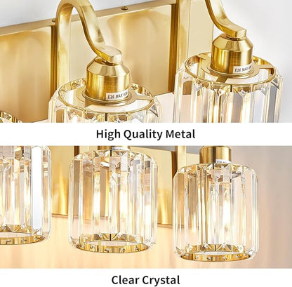 3-Light Gold Bathroom Light Fixtures,Modern Bathroom Vanity Lights Fixture with Clear Crystal Glass Shade, Modern Crystal 3 Lights Wall Sconce (Exclude Bulb)