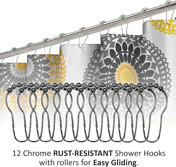 15-Piece Bathroom Shower Curtain Set – Set of 1 Shower Curtain & 12 Metal Hooks & 1 Bath Mat & 1 Contour Mat, Modern Bathroom Décor, Machine Washable, Raquel Gold