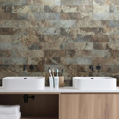 AULIGET 40-Piece Beige & Brown Slate Peel and Stick Backsplash Wall Tiles, 3" x 12" PVC Faux Stone Stick on Tiles for Backsplash Kitchen, Bathroom, Laundry Room, Camper, Fireplace