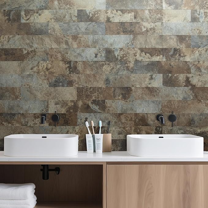 AULIGET 4-Piece Beige & Brown Slate Peel and Stick Backsplash Wall Tiles, 3" x 12" PVC Faux Stone Stick on Tiles for Backsplash Kitchen, Bathroom, Laundry Room, Camper, Fireplace