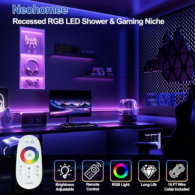 3-Tiers 12x30 Inch Wall Niche with RGB LED Light Strips, White Shower Niche Cabinet, Stainless Steel Bathroom Shelf, NO Tile Needed Recessed Storage Organizer Waterproof