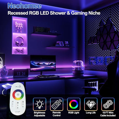 3-Tiers 12x30 Inch Wall Niche with RGB LED Light Strips, White Shower Niche Cabinet, Stainless Steel Bathroom Shelf, NO Tile Needed Recessed Storage Organizer Waterproof