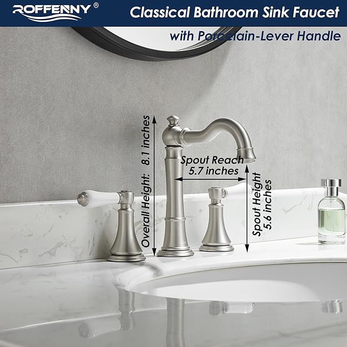 Porcelain 2-Handle Bathroom Faucets Brushed Nickel 8 inch Widespread with Plastic Pop-Up Drain & 2Pcs Water Supply Lines, Classical Vanity Sink Faucet for 3 Holes, 360° Swivel Brass Spout