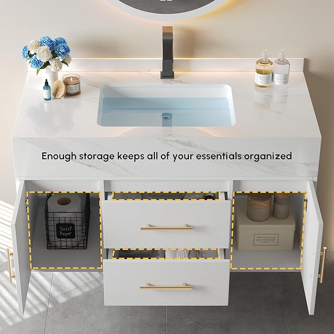 Bathroom Vanity with Sink 39.5" Floating Bathroom Vanity Sintered Stone Modern Bathroom Vanity Set, White (Wall Mounted, Gold Handle)