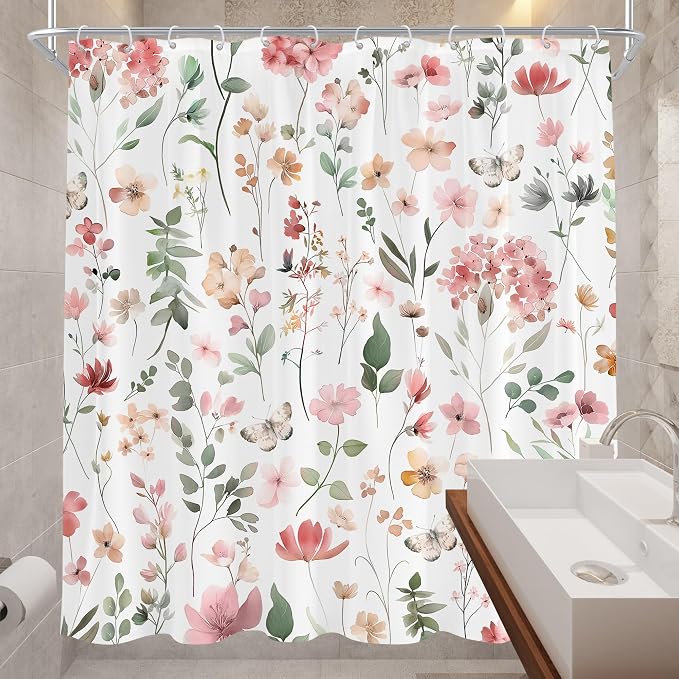 Pink Blush Coral Flower Floral Peach Watercolor Bathroom Shower Curtain Set | 72"W x 78"H Cute Wildflower; waterproof HD print, quick-dry fabric and plastic hooks for easy setup.