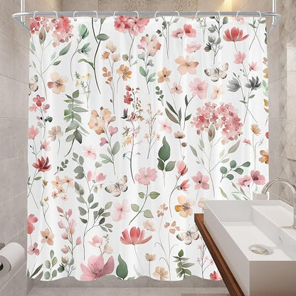 Pink Blush Coral Flower Floral Peach Watercolor Bathroom Shower Curtain Set | 72"W x 78"H Cute Wildflower; waterproof HD print, quick-dry fabric and plastic hooks for easy setup.