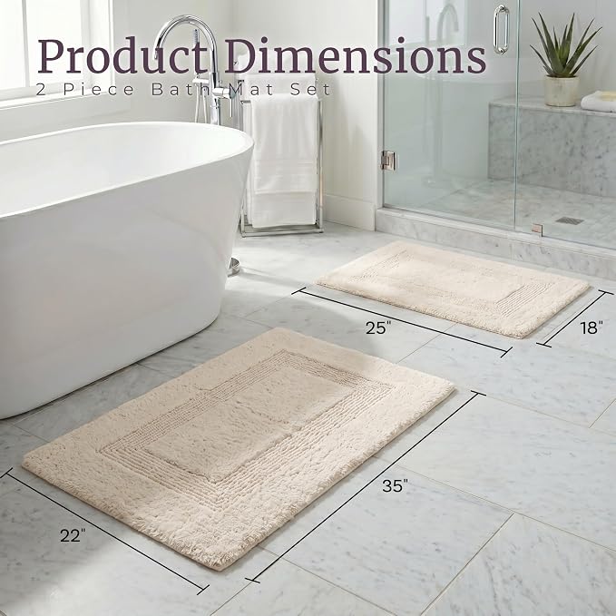 Bedford Home Bathroom Rugs Set (67A-01677) - 2-Piece Cotton Bathroom Mat Set, Machine Washable Standard & Large Bath Mats for Washroom, Kitchen, or Laundry Room (Ivory)