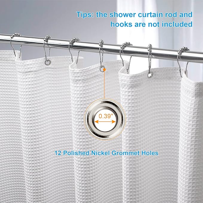 AmazerBath White Shower Curtain Fabric, Waffle Shower Curtain Polyester, Luxury Cloth Shower Curtains for Bathroom, Hotel Quality, Machine Washable, Heavy Duty, 72 x 72 Inches (Matte White)