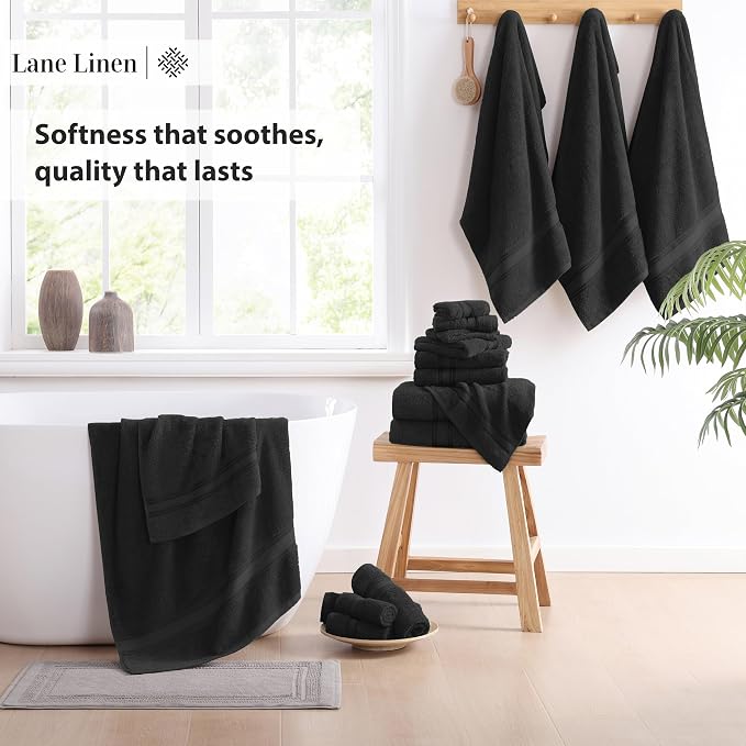 LANE LINEN Large Bath Towel Set Absorbent Quick Dry 100% Cotton - Black | Cotton Towels - Fade-Resistant Color, Classic Terry Weave, Densely Woven, Coordinated Colors, Everyday Durability