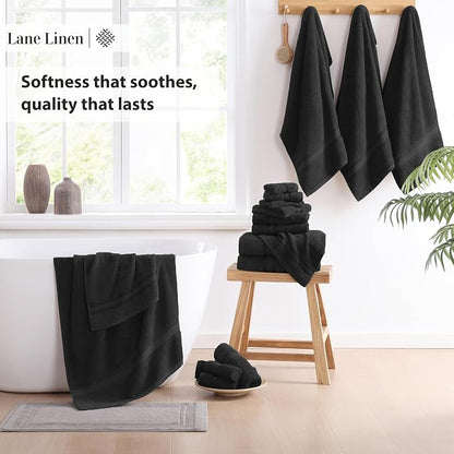 LANE LINEN Large Bath Towel Set Absorbent Quick Dry 100% Cotton - Black | Cotton Towels - Fade-Resistant Color, Classic Terry Weave, Densely Woven, Coordinated Colors, Everyday Durability