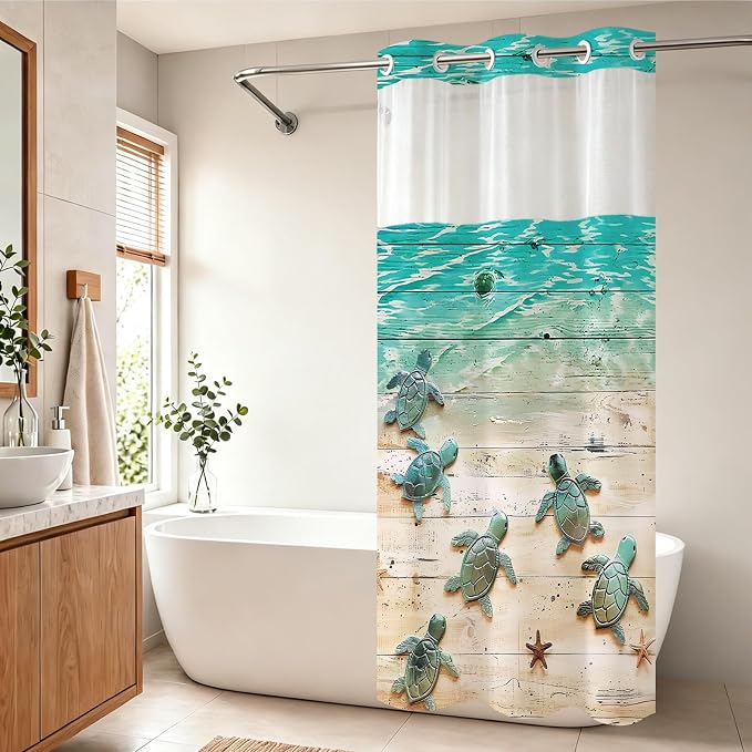 Nautical Green Beach Sea Turtle Theme No Hook Waffle Weave Shower Curtain with Snap in Liner Nautical Blue Bathroom Ocean Set 36 W x 74 H Inch Blue