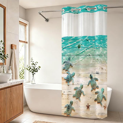 Nautical Green Beach Sea Turtle Theme No Hook Waffle Weave Shower Curtain with Snap in Liner Nautical Blue Bathroom Ocean Set 36 W x 74 H Inch Blue