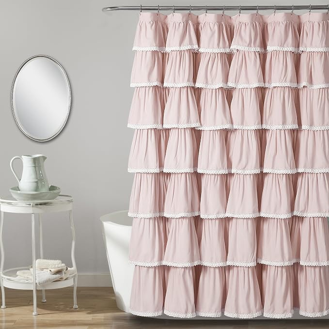 Lush Decor Lace Ruffle Shower Curtain Single 72" W x 72" L Blush - Pink Shower Curtains for Bathroom - Ruffle Bathroom Curtain - Coquette Bathroom Decor