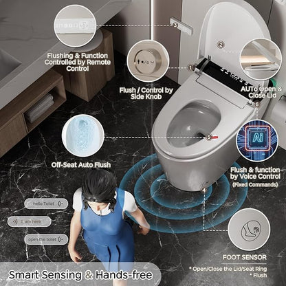 Smart Toilet with Bidet Built In ADA Height 17.7", One Piece Tankless Bidet Toilet with Auto Open Close, Foam Shield, Voice Control Modern Elongated Toilet with Heated Seat, Warm Water & Dryer