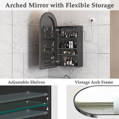 Arched Medicine Cabinet with Mirror,Bathroom Medicine Cabinet Wall Mounted,Bathroom Vanity Mirror with Storage 2 Power Outlets,Mirrored Cabinet with Adjustable Shelf, 20X34 Inch Black
