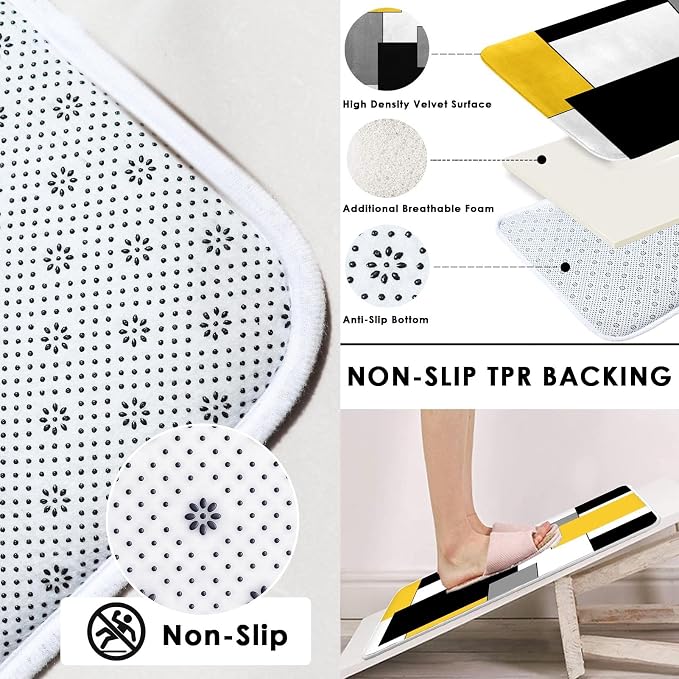 Bathroom Sets with Shower Curtain and Rugs 4 Pcs, Geometric Yellow | Checkered Abstract Modern Art Bathroom Decor Set with Toilet Lid Cover, Non-Slip Bath Mats and Accessories 12 Hooks