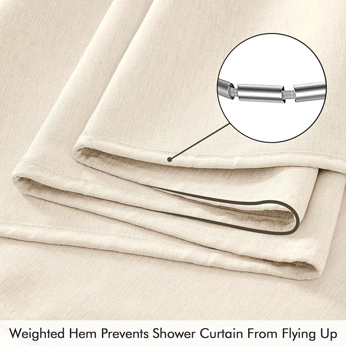 ANRODUO Cream White Linen Textured Fabric Shower Curtain Set - W72xL84 | Farmhouse Shower Curtain with 12 Metal Hooks, Waterproof Heavy Duty, Button Hole Design, Machine Washable for Bathroom