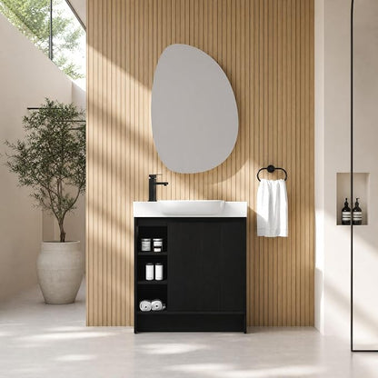 30" Freestanding Bathroom Vanity with Sink, Floor Cabinet, Dark Oak | Integrated Ceramic Sink, Soft-Close Door & 3 Open Storage Shelves, Small Bath Vanity Set, Easy to Clean