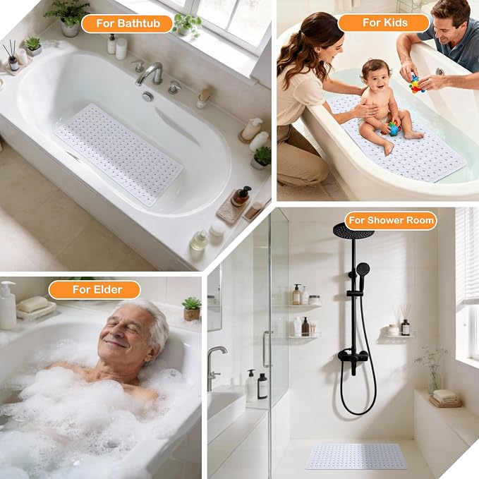 Yimobra Bathtub Mat Non Slip, 34.5"X15.5" Long Shower Mat for Inside Shower, Machine Washable Bath Mat with Drain Holes & Strong Suction Cups, Soft on Feet, Bathroom Essentials, White