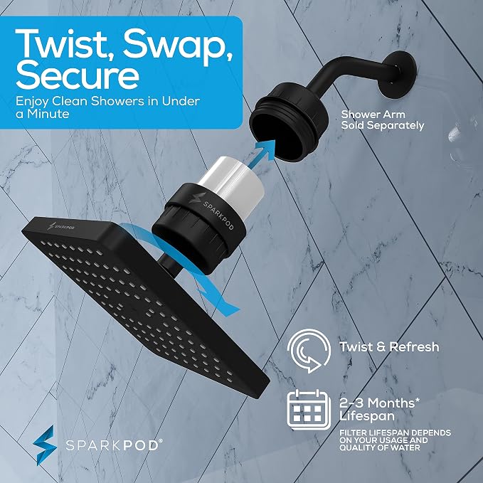 SparkPod Filtered Shower Head, 23-Stage, 8" Square, Black Matte | Showerhead for Hard Water, High Pressure, Reduces Chlorine, Heavy Metals, For Dry Skin & Hair, Removable Capsule Filter