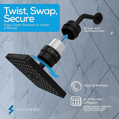 SparkPod Filtered Shower Head, 23-Stage, 8" Square, Black Matte | Showerhead for Hard Water, High Pressure, Reduces Chlorine, Heavy Metals, For Dry Skin & Hair, Removable Capsule Filter