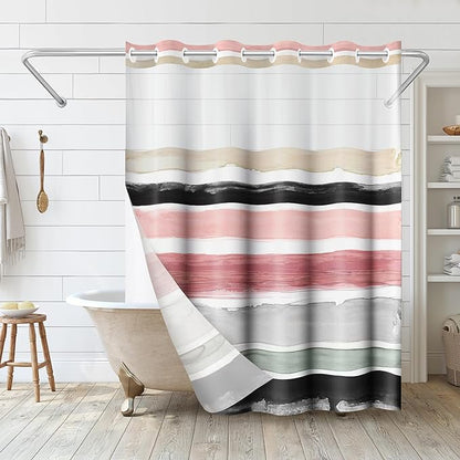 Americanflat 72x75 Hookless Shower Curtain - Water-Resistant Stripe Shower Curtain with Sheer Panel, Snap-In Liner, and Grommets - 100% Polyester - Blush Pink, Black, Sage Green, White, Grey and Cream