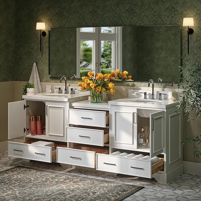 ARIEL Stafford 84-inch Bathroom Vanity with Sink,Solid Wood, 1.5in Italian Carrara Marble Countertop & Backsplash, Double Oval Porcelain Sink, 4 Soft Closing Doors, 5 Dovetail Drawers, White