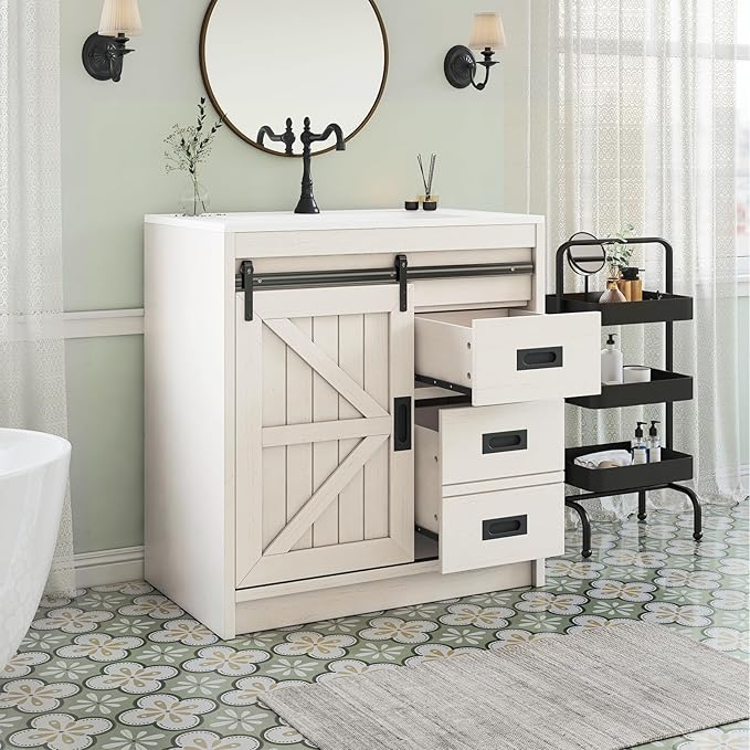 31" Farmhouse Sliding Barn Door Bathroom Vanity with Sink Combo, Bathroom Vanity Cabinet with Drawers & Metal Handles, Freestanding, Distressed White