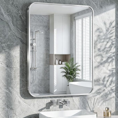 Bathroom Mirror for Wall, 30"x40" Black Bathroom Mirror for Over Sink, Shatterproof Tempered Glass Vanity Mirror with Anti-Rust Aluminum Alloy Frame, Hang Horizontally or Vertically, Silver