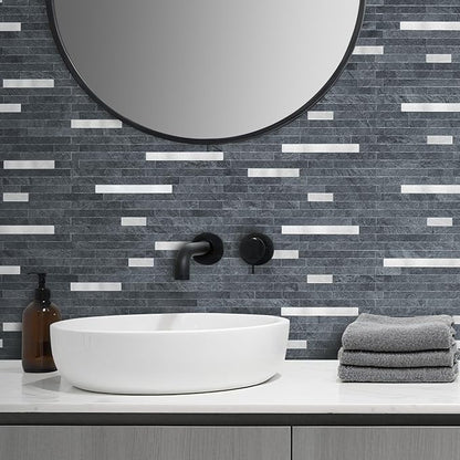 AULIGET 2 Sheets Black Slate Peel and Stick Backsplash, PVC Mixed Metal Silver Wall Tile Stick on Backsplash for Kitchen and Bathroom