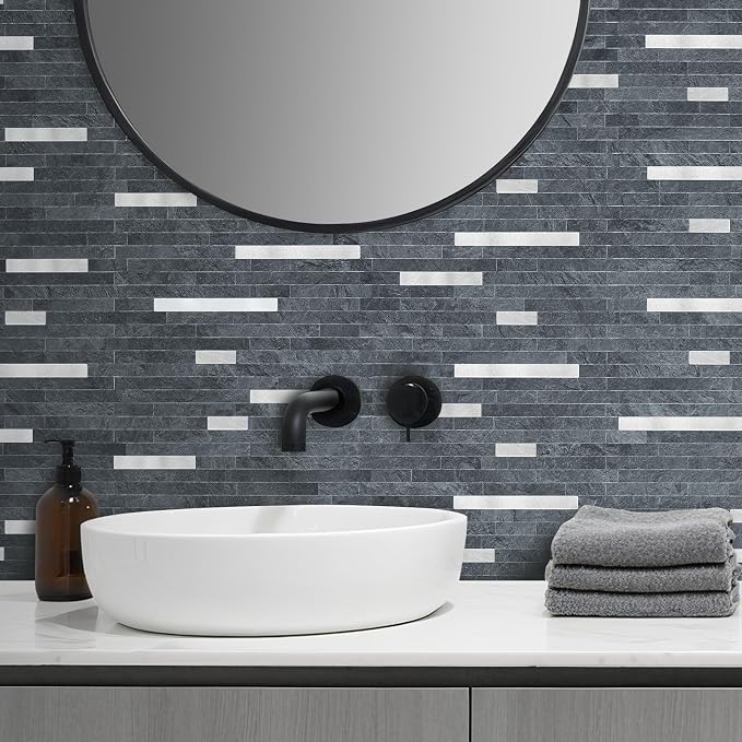 AULIGET 20 Sheets Black Slate Peel and Stick Backsplash, PVC Mixed Metal Silver Wall Tile Stick on Backsplash for Kitchen and Bathroom