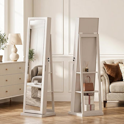 4-In-1 Jewelry Cabinet Jewelry Armoire Lockable Standing, White | Jewelry Organizer with Storage, Full-Length Mirror, 3 Storage Shelves, Makeup Mirror, 360 ° Swivel Jewelry Armoire for Women