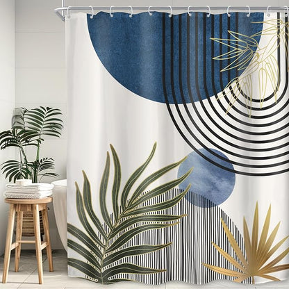 KOMLLEX Mid Century Blue Green Boho Extra Long Bathroom Shower Curtain Set | 72Wx84H Abstract Plant design, waterproof HD print with fast-drying fabric and 12 hooks.
