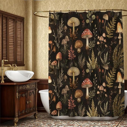 Vintage Dark Mushroom Shower Curtain 72x72 Inch,Forest Botanical Plant Waterproof Polyester Bath Curtain with Retro Nature Mushroom Pattern,Cottagecore Bathroom Decor