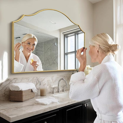 Besdomus Gold Scalloped Wall Mirror: 40"x29" Large Wooden Bathroom Mirror | Modern Minimalist Decorative Arched Mirror for Vanity/Dresser/Bedroom/Entryway/Fireplace/Living Room/Dining Room/Over Sink