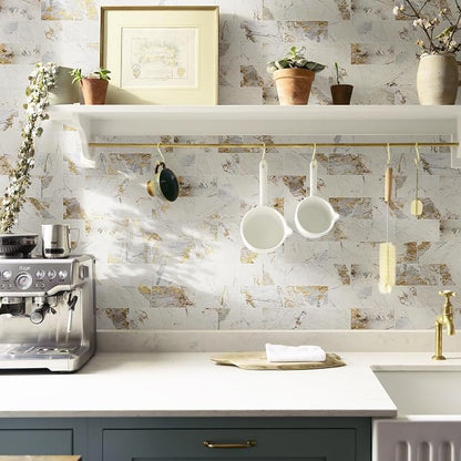 Vamos Tile 4-Piece Glossy Pandora Marble Peel and Stick Backsplash Tile | 3''x6'' Glossy Gold Veining PVC Subway Tile with White Grout,Stick on Backsplash for Kitchen/Bathroom/Laundry/Camper