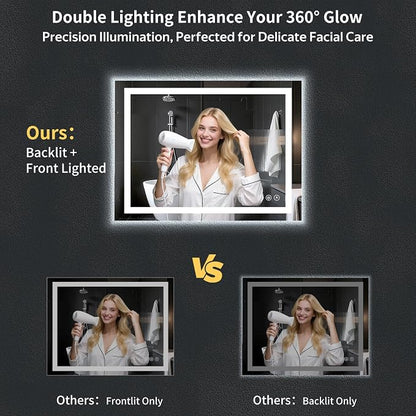 28"x40" LED Bathroom Mirror with Lights, Anti-Fog, Backlit+Frontlit | CRI 95, Stepless Dimmable, 3 Colors Lighting, Shatterproof Tempered Glass, HD Reflection, Memory, (Horizontal/Vertical)