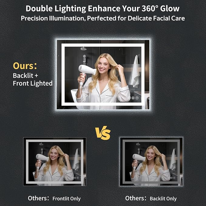 30"x42" LED Bathroom Mirror with Lights, Anti-Fog, Backlit+Frontlit | CRI 95, Stepless Dimmable, 3 Colors Lighting, Shatterproof Tempered Glass, HD Reflection, Memory, (Horizontal/Vertical)