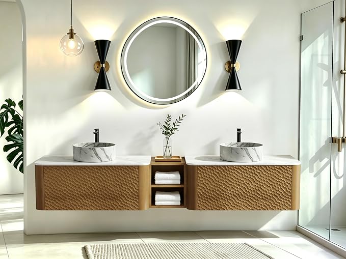84 Inch Double Vanity with Sink Set, Floating Bathroom Sink Cabinet with Sintered Stone Top&Solid Wood Hammered Frame, Double Bathroom Vanities w/Soft-Close Drawers&1 Side Open Cube
