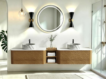 84 Inch Double Vanity with Sink Set, Floating Bathroom Sink Cabinet with Sintered Stone Top&Solid Wood Hammered Frame, Double Bathroom Vanities w/Soft-Close Drawers&1 Side Open Cube